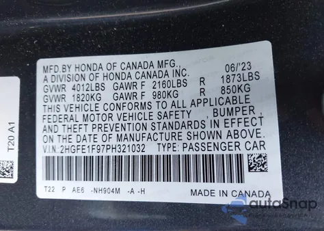 2023 Honda Civic Touring из США, поврежденный, VIN 2HGFE1F97PH321032